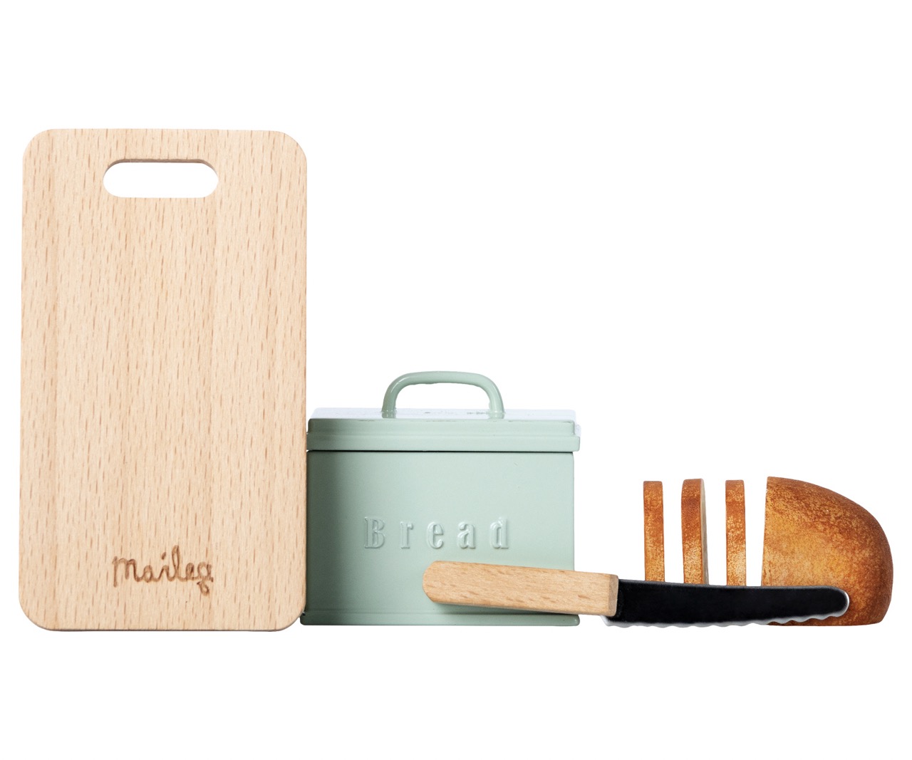 maileg miniature bread box with cutting board and knife