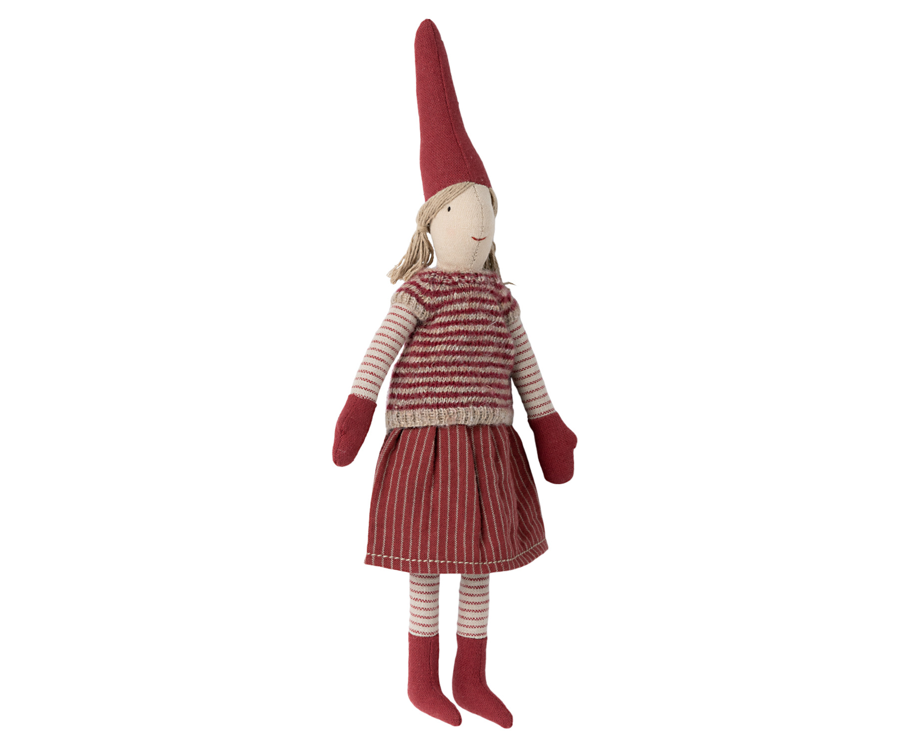 maileg mini pixy girl with checkered skirt - red