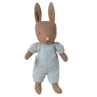 maileg rabbit, micro - brown - blue knitted suit
