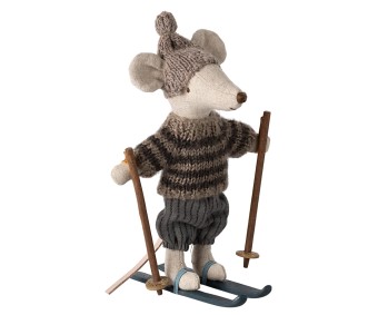 maileg winter mouse with ski set, big brother - grey
