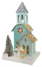 vintage village houses, blue bell tower church