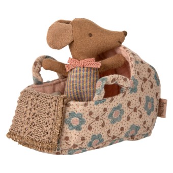 maileg carry cot, baby mouse - rose