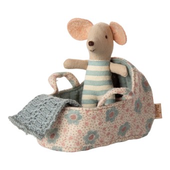 maileg carry cot, baby mouse - blue