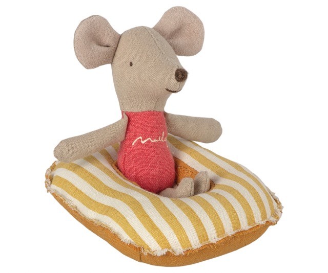 maileg rubber boat, small mouse - yellow stripe