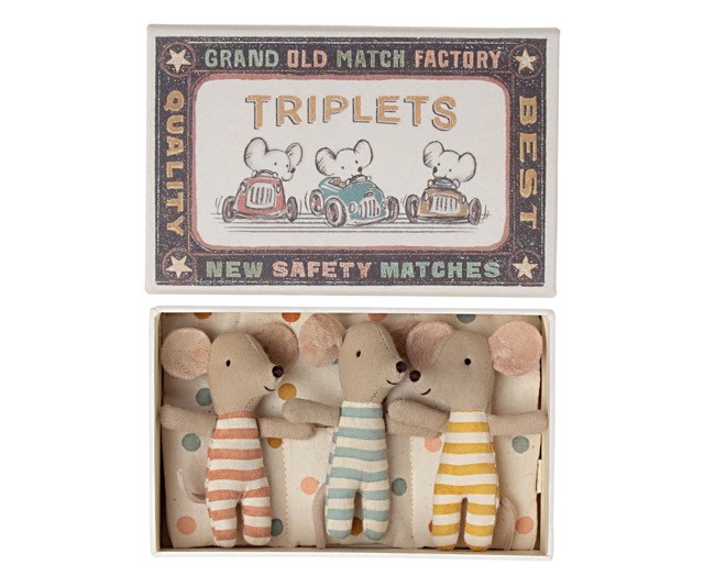 maileg triplets, baby mice in matchbox