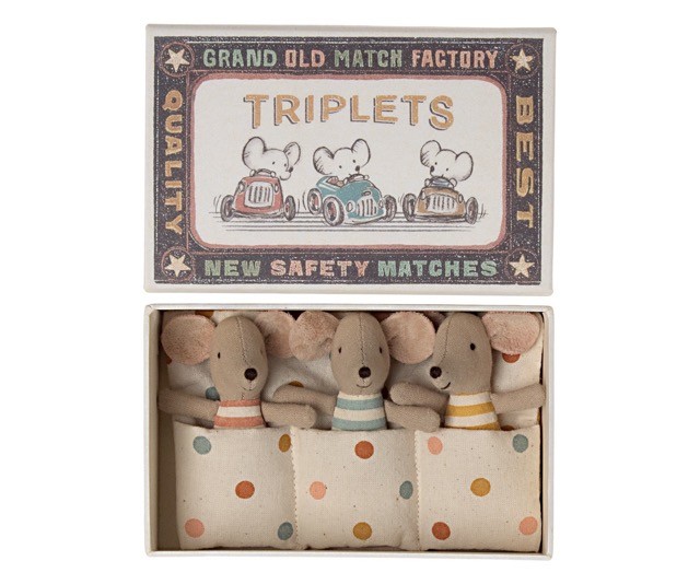 maileg triplets, baby mice in matchbox