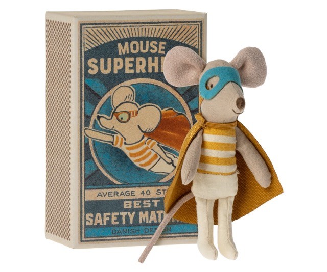 maileg super hero mouse, little brother in matchbox