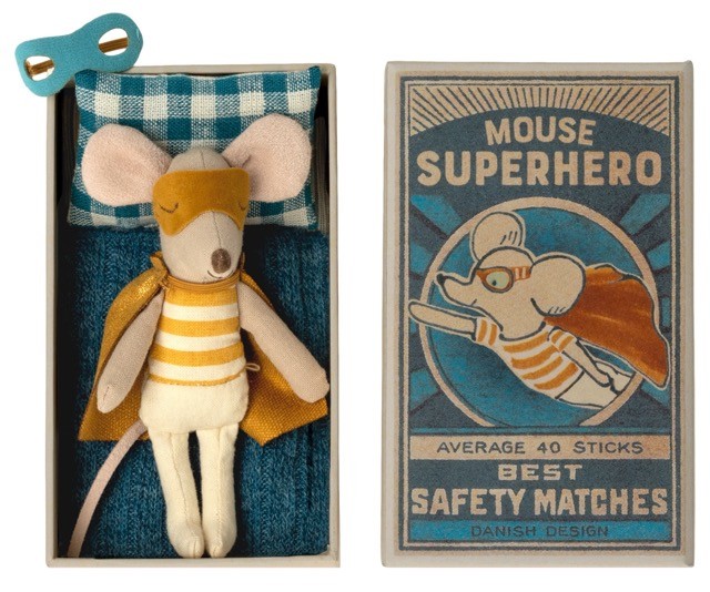 maileg super hero mouse, little brother in matchbox