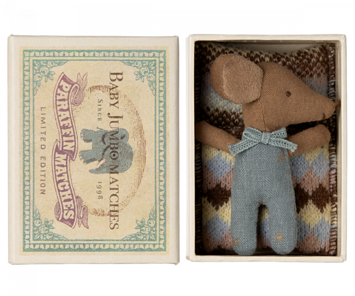 maileg sleepy wakey baby mouse in matchbox - blue