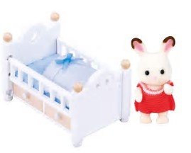 sylvanian families chocolate rabbit baby set - baby bed