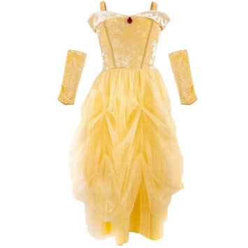 velvety soft yellow princess gown with arm warmers (5-6 jr) | Kinderfeestwinkel | Speelgoedwinkel | Feestwinkel | Kinderwinke
