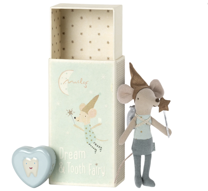 maileg tooth fairy mouse in matchbox - blauw