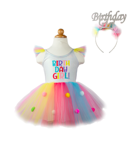 birthday girl dress & headband - multicolored (3-4 yrs)