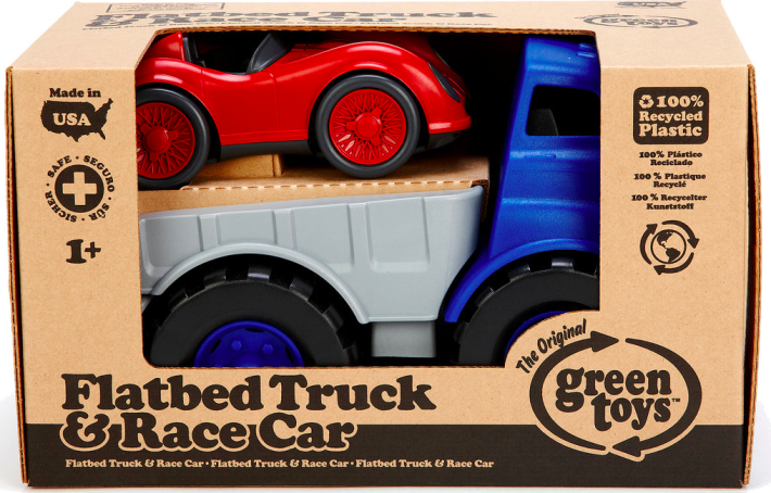 green toys flatbed truck and race car